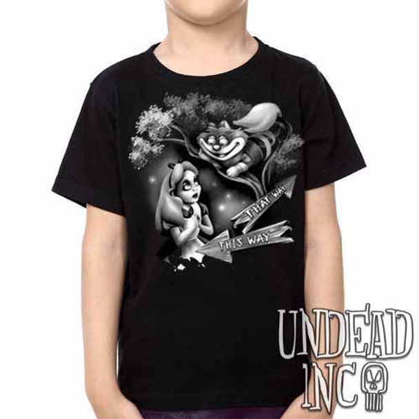 Alice In Wonderland Cheshire Cat THAT WAY Black Grey Kids Unisex Girls and Boys T shirt