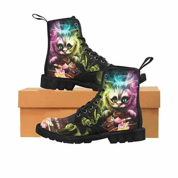 Cheshire Cat Alice In Wonderland LADIES BLACK SOLE Undead Inc Boots Tea Party Variant
