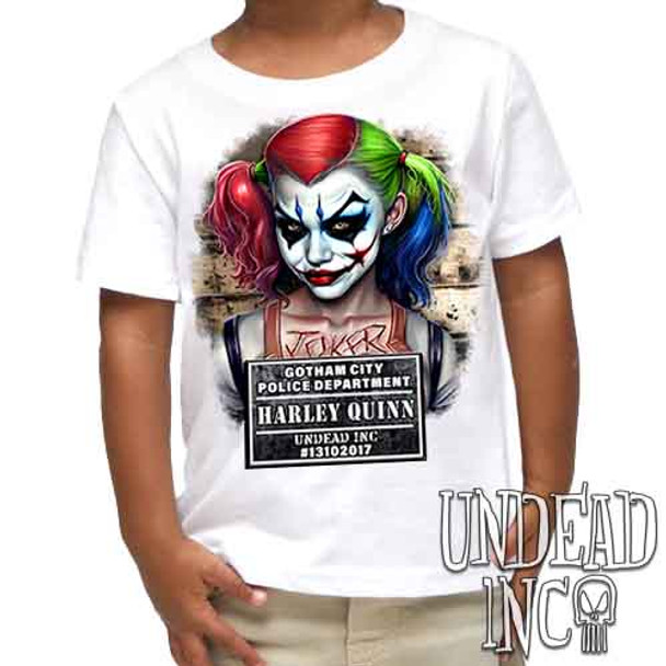 Harley Quinn Mugshot - Kids Unisex WHITE Girls and Boys T shirt