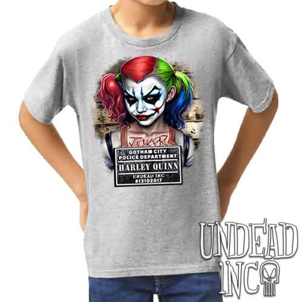 Harley Quinn Mugshot - Kids Unisex GREY Girls and Boys T shirt