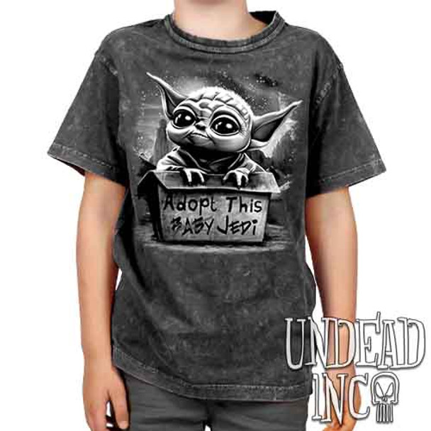 Grogu Adopt Me Black & Grey - Kids Unisex STONE WASH Girls and Boys T shirt