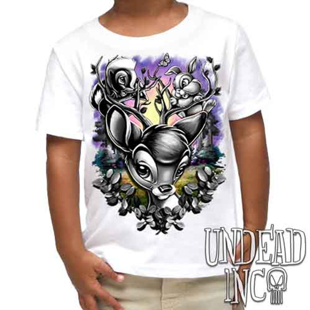 Bambi Woodland Antlers Black & Grey - Kids Unisex WHITE Girls and Boys T shirt