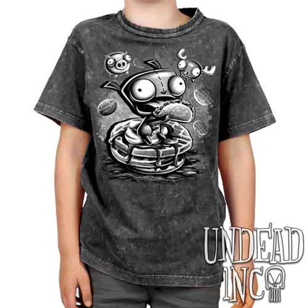 Invader Zim Gir Waffles Black & Grey - Kids Unisex STONE WASH Girls and Boys T shirt