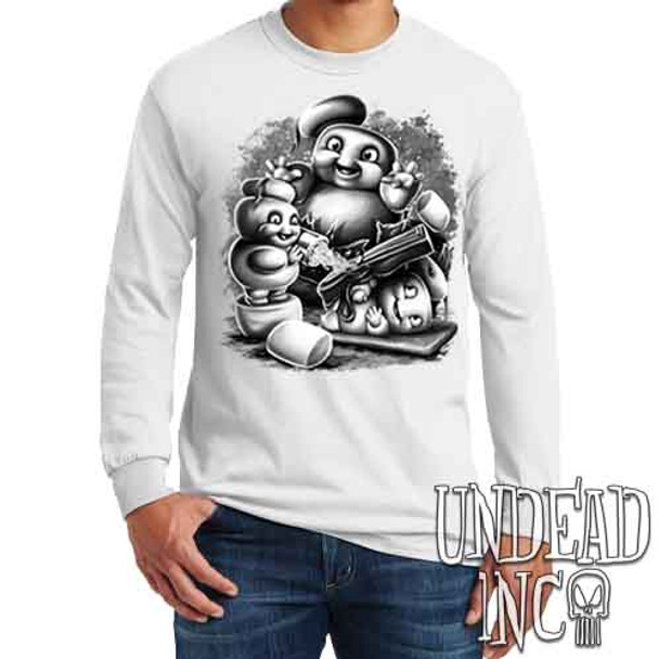 Mini Puft Madness  Black & Grey - Men's Long Sleeve WHITE Tee