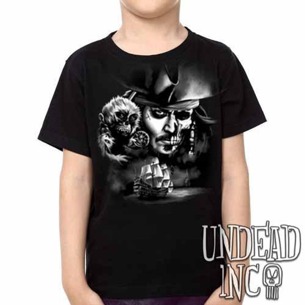 Pirates Of The Caribbean Undead Jack Sparrow Black Grey Kids Unisex Girls and Boys T shirt