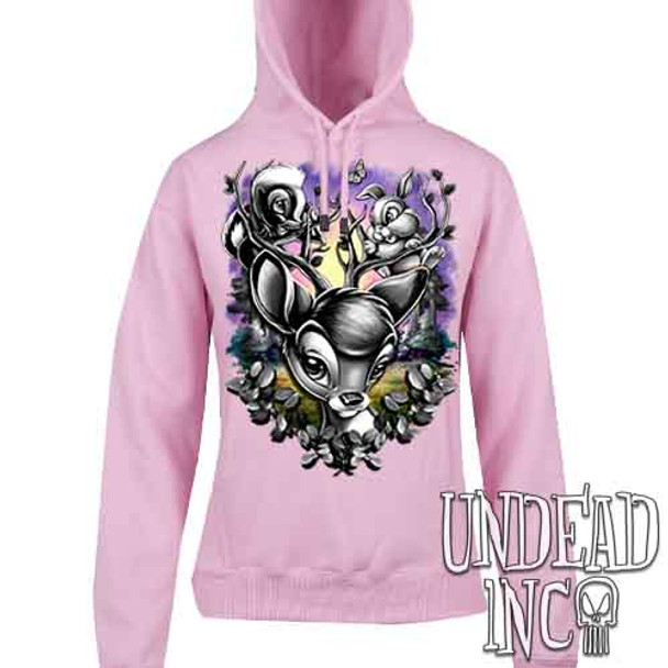 Bambi Woodland Antlers Black & Grey - Ladies / Juniors LIGHT PINK Fleece Hoodie