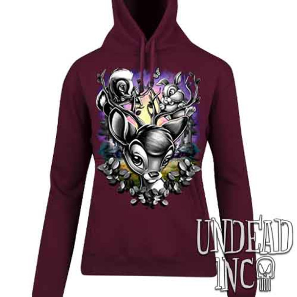 Bambi Woodland Antlers Black & Grey - Ladies / Juniors MAROON Fleece Hoodie