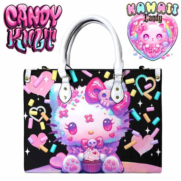 Pastel Purrfection Black Kawaii Candy White PU Leather Crossbody Handbag