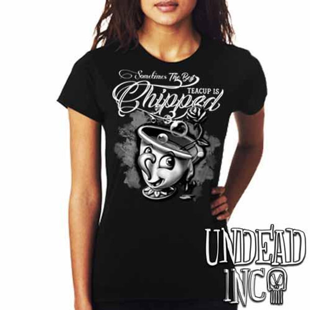Beauty and the Beast Chip Teacup - Ladies T Shirt Black & Grey
