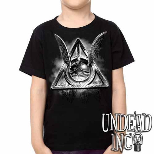 Deathly Hallows Snitch -  Kids Unisex Girls and Boys T shirt Black & Grey