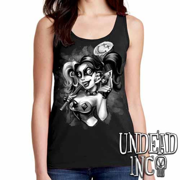 Harley Quinn Joker Kiss - Ladies Singlet Tank Black & Grey