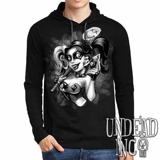 Harley Quinn Joker Kiss - Mens Long Sleeve Hooded Shirt Black & Grey
