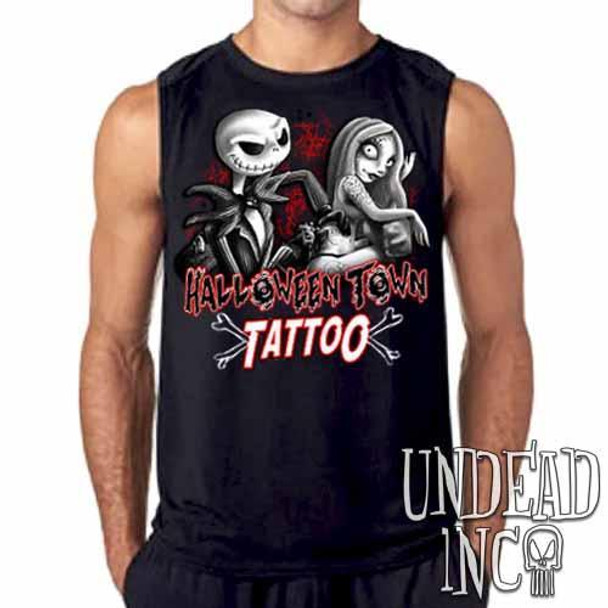 Jack and Sally Halloween Town Tattoo Nightmare Before Christmas Black & Grey Mens Sleeveless Shirt