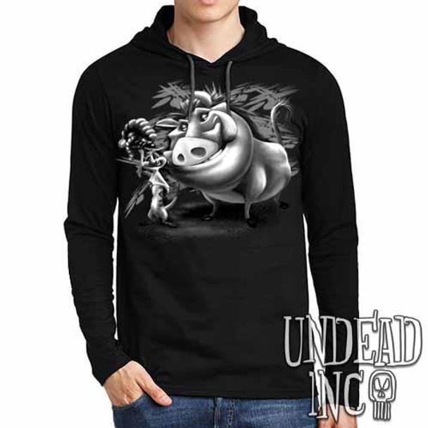 Timon & Pumba Black & Grey - Mens Long Sleeve Hooded Shirt