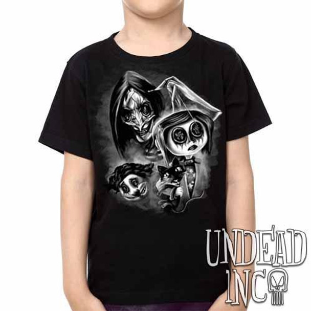 Coraline Button Eyes Black & Grey Kids Unisex Girls and Boys T shirt