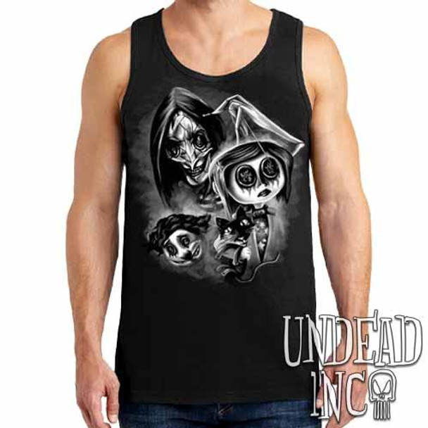 Coraline Button Eyes Black & Grey - Mens Tank Singlet