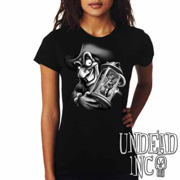 Tinkerbell and Captain Hook  - Ladies T Shirt - Black & Grey