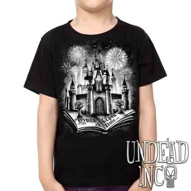 Storybook Castle Of Dreams Black & Grey -  Kids Unisex Girls and Boys T shirt Clothing