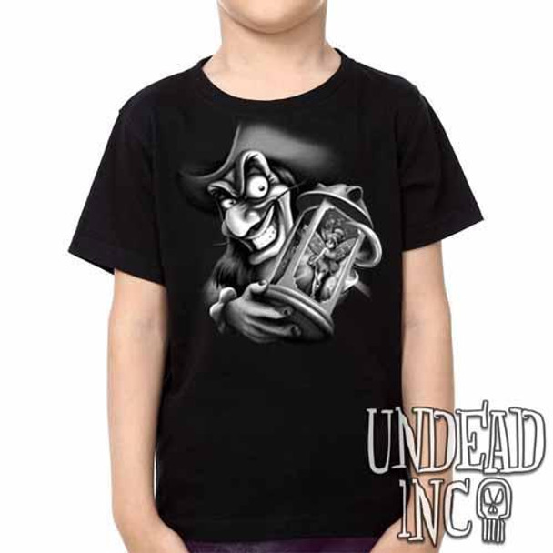 Tinkerbell and Captain Hook - Kids Unisex Girls and Boys T shirt Black Grey