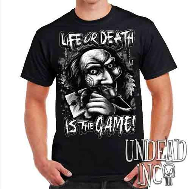 SAW Puppet Life Or Death -Black & Grey  Mens T Shirt