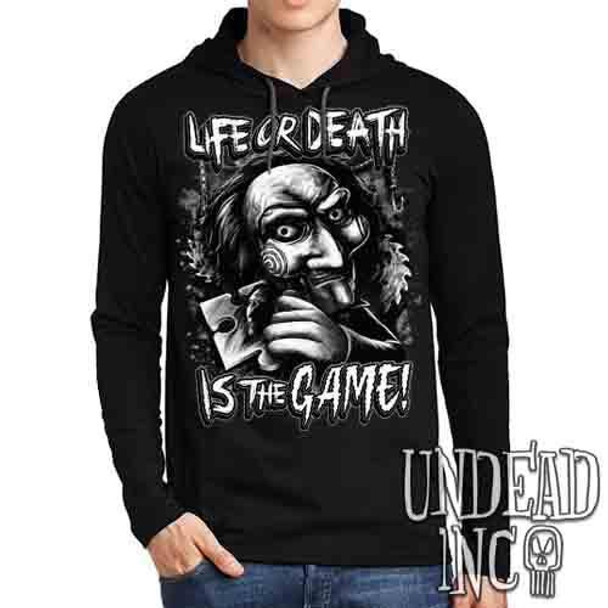 SAW Puppet Life Or Death Black & Grey - Mens Long Sleeve Hooded Shirt