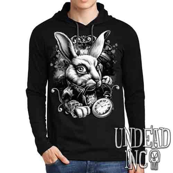 Alice In Wonderland White Rabbit Black & Grey - Mens Long Sleeve Hooded Shirt