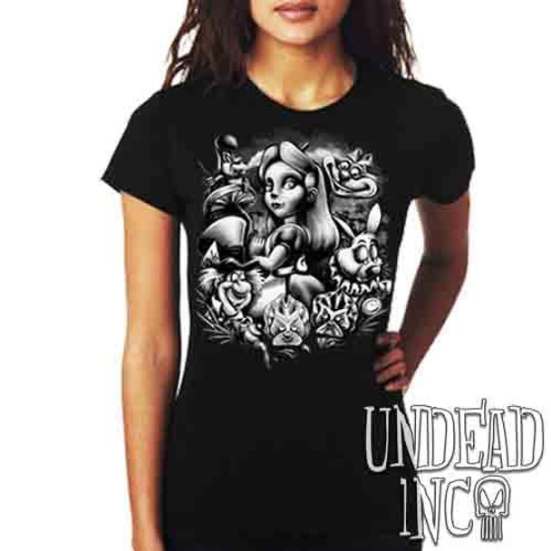 Alice In Wonderland Mad World Black & Grey - Ladies T Shirt