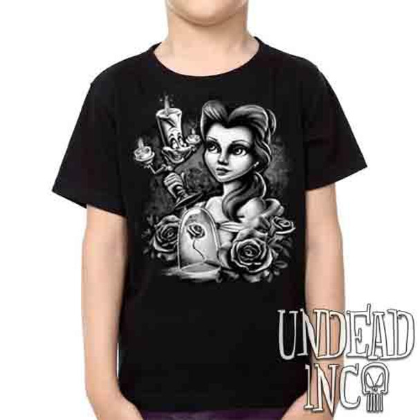 Beauty & the Beast - Belle & Lumiere Black & Grey - Kids Unisex Girls and Boys T shirt