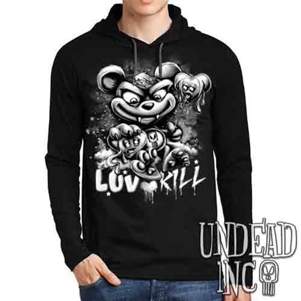 Undead Inc Scare Bear Of Bleeding Hearts Black & Grey - Mens Long Sleeve Hooded Shirt