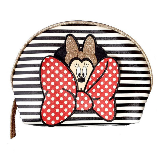 Minnie Mouse Glitter Stripe Pu Leather Makeup Cosmetics Bag