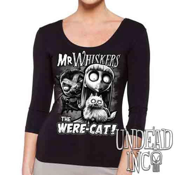 Frankenweenie Were-cat Mr Whiskers & Weird Girl Black & Grey - Ladies 3/4 Long Sleeve Tee