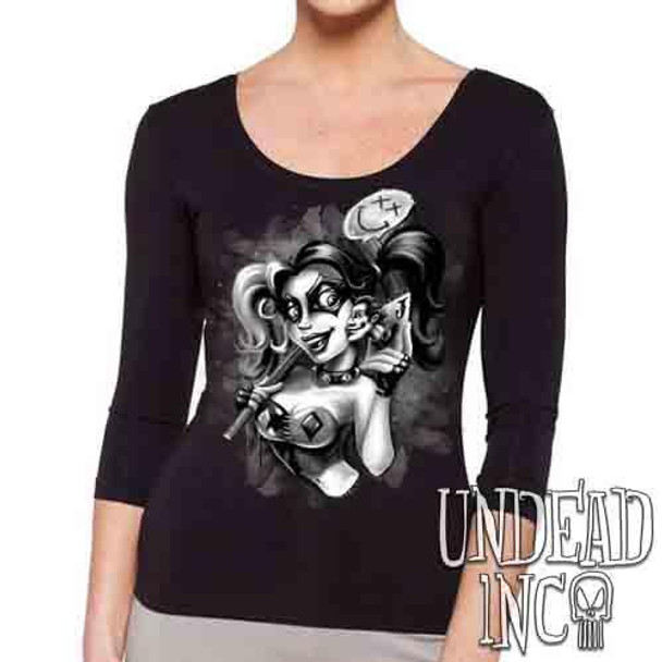 Harley Quinn Joker Kiss Black & Grey - Ladies 3/4 Long Sleeve Tee