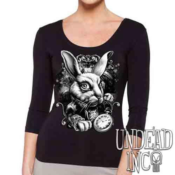 Alice In Wonderland White Rabbit Black & Grey - Ladies 3/4 Long Sleeve Tee