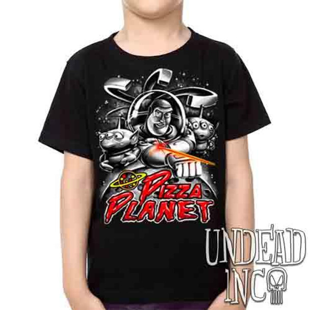 Pizza Planet Buzz Black & Grey -  Kids Unisex Girls and Boys T shirt