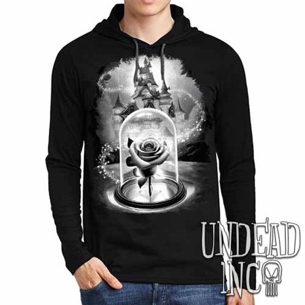 Enchanted Rose Black & Grey - Mens Long Sleeve Hooded Shirt