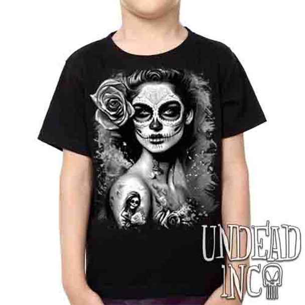 Day Of The Dead Woman Black & Grey -  Kids Unisex Girls and Boys T shirt