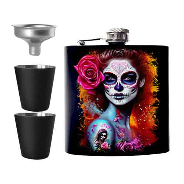 Day Of The Dead Woman Undead Inc Hip Flask Set