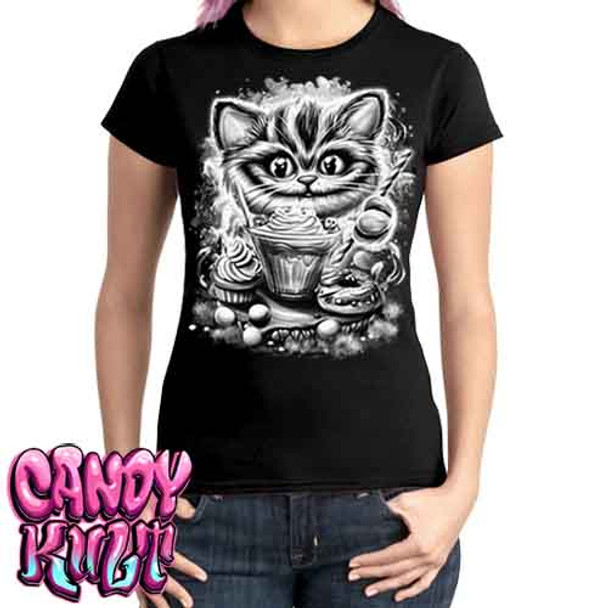 Cheshire Cat Tea Party Black & Grey - Ladies T Shirt