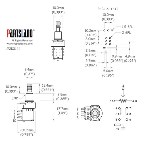 Push-Push Pot for PCB Terminal  / Metric Shaft
