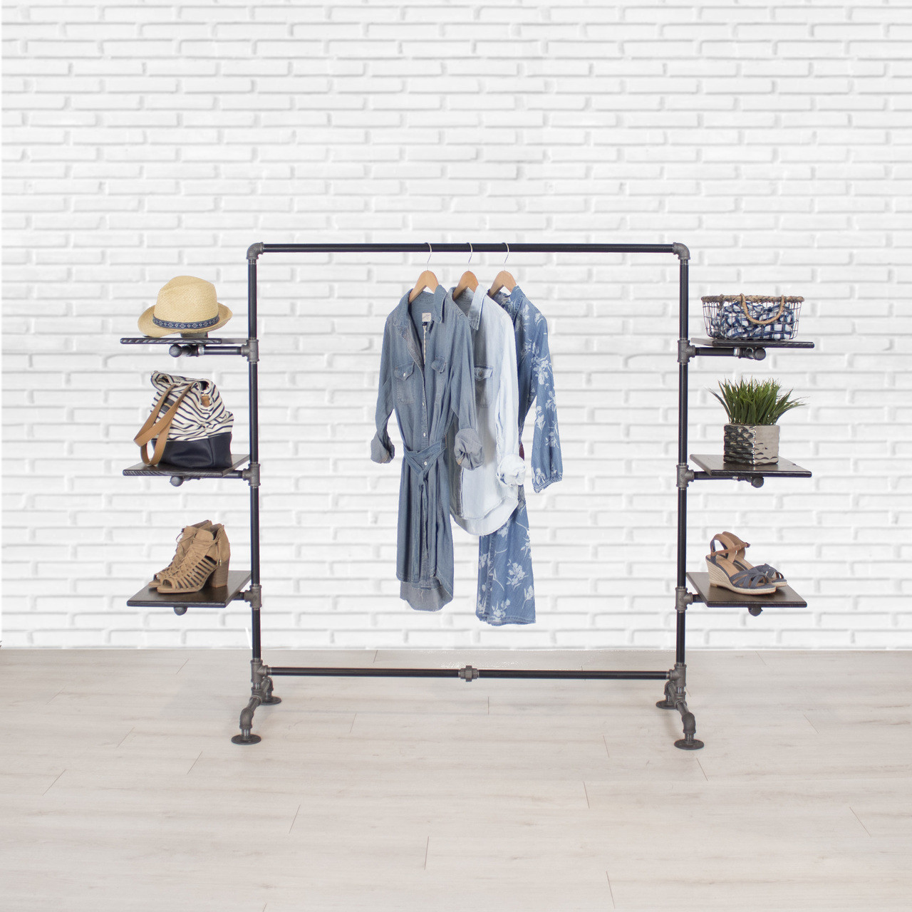Industrial Pipe Clothing Rack With Cedar Wood Shelving Side Shelf William Roberts Vintage