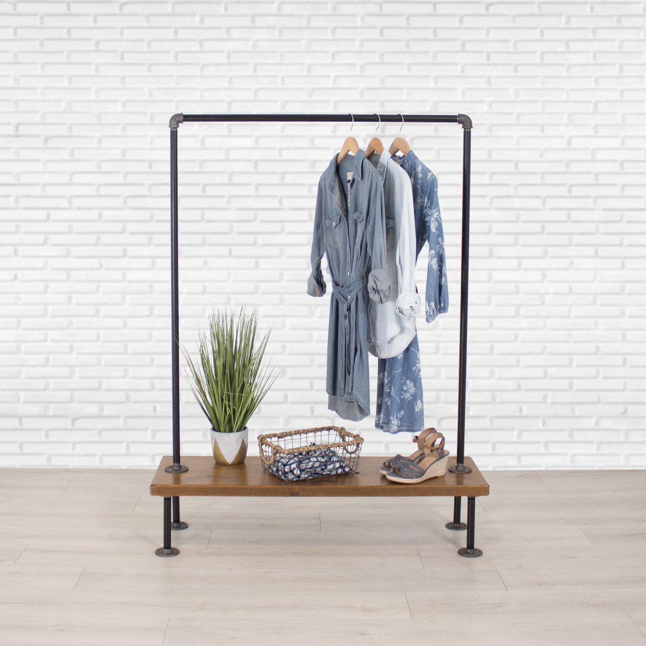 Industrial Pipe Clothing Rack With Cedar Wood Shelf Single Shelf