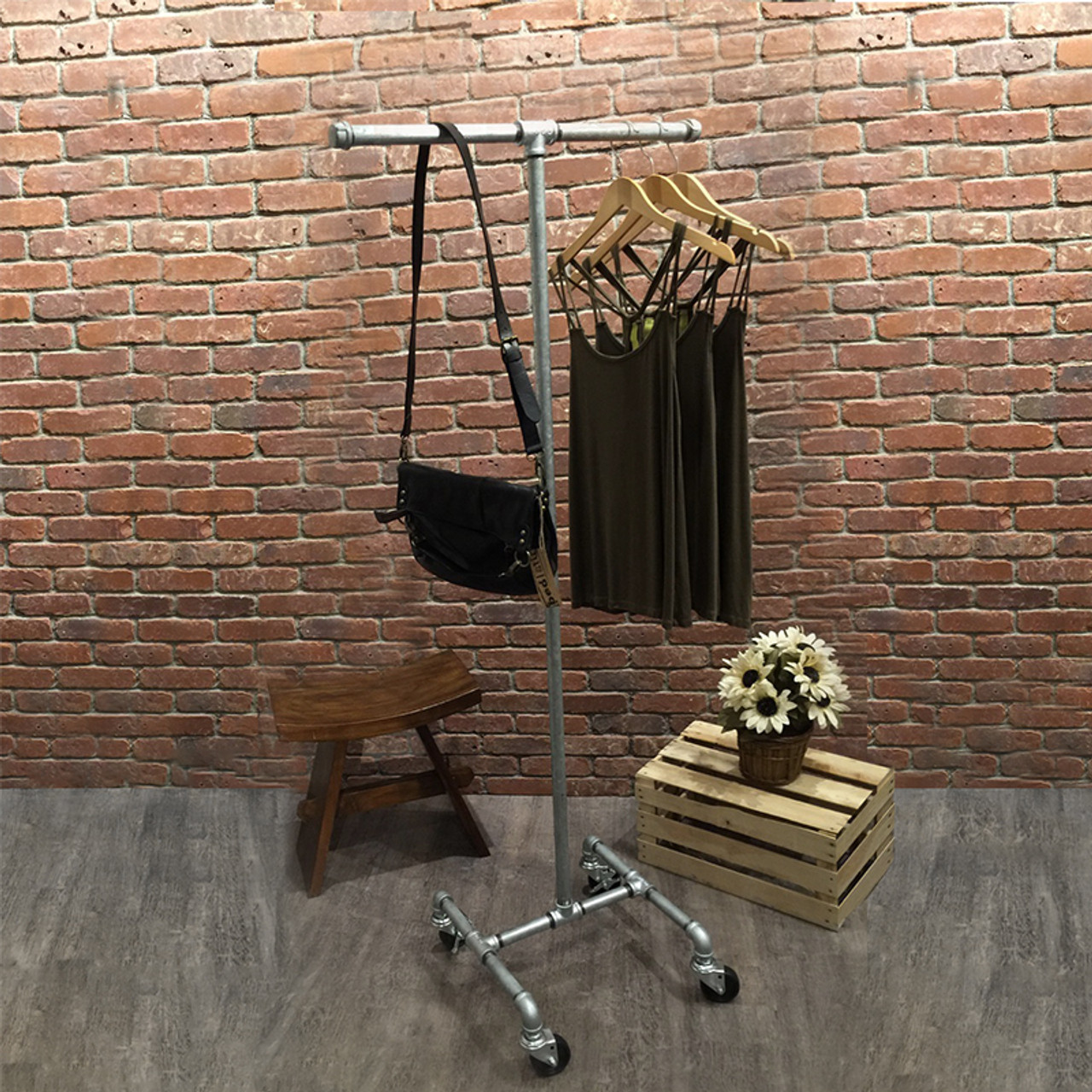Industrial Pipe Rolling Clothing Rack Galvanized 2 Way