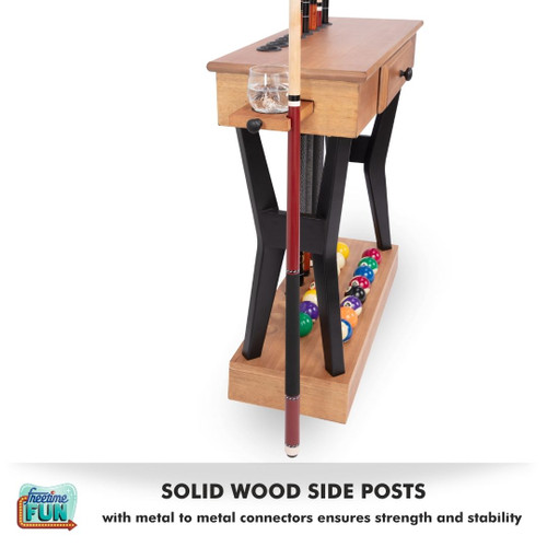 Freetime Fun Carson Pool Cue Holder Floor Stand for 8 Pool Table Sticks, 15 Balls, and 2 Ball Triangles; Pool Rack with Pool Table Accessories Storage