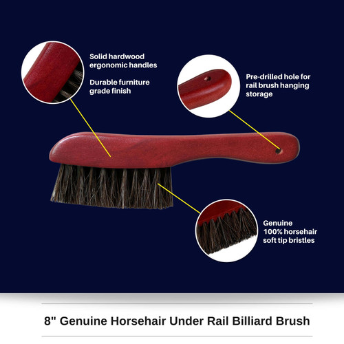 8" Genuine Horsehair Under Rail Pool Table Billiard Brush feature callouts 8" Genuine Horsehair Under Rail Pool Table Billiard Brush feature callouts