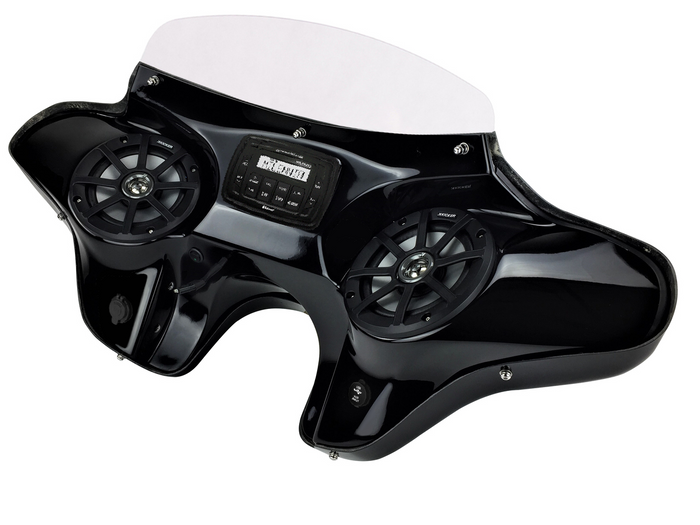 Harley Davidson Dyna Super Glide Custom Batwing Fairing with Speakers and Stereo System right Angled view