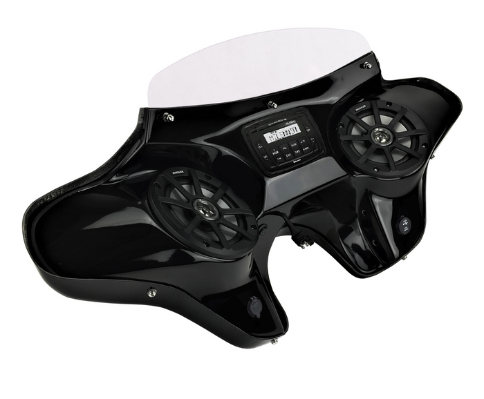 Harley Dyna Super Glide Batwing Fairing with Speakers and Stereo System Left Angled View