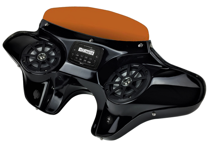 Harley Dyna Super Glide Batwing Fairing with Speakers and Stereo System  Right Angled View With tinted Windshield