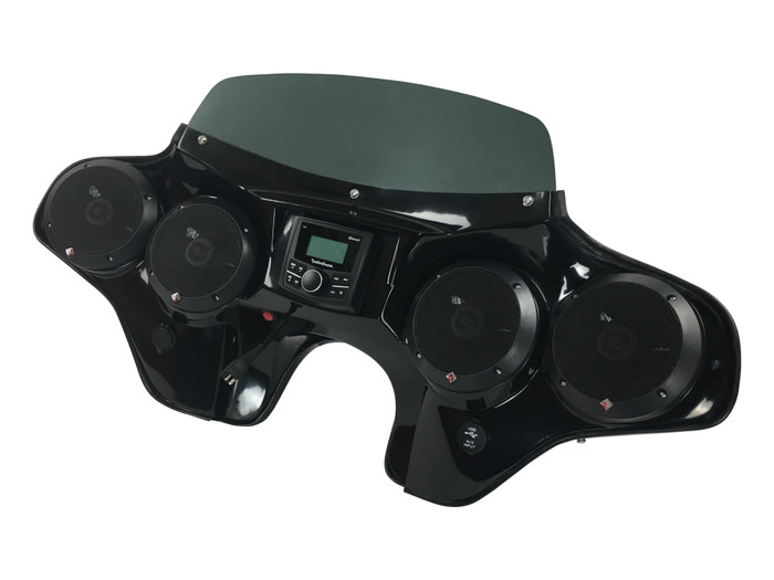 Indian Scout Batwing Fairing with Speakers and Stereo System rigth angled view 