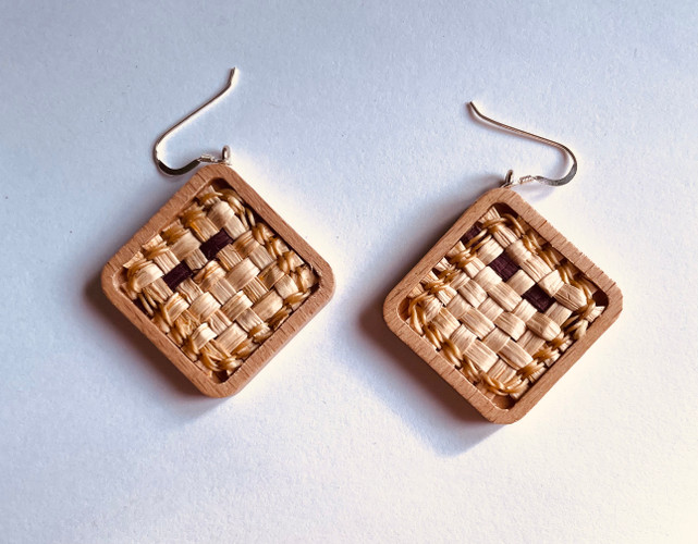 Yellow Cedar Plaited Square Earrings - Brown