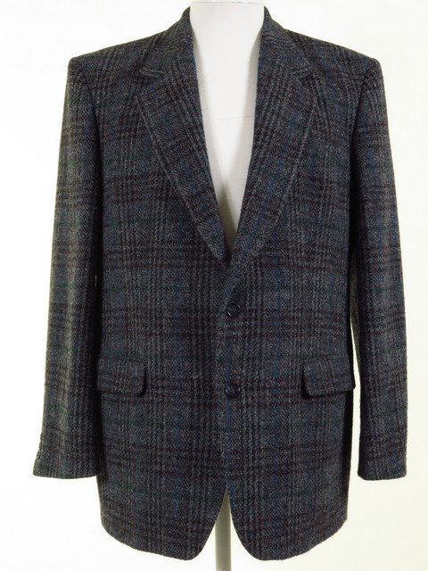 Plaid Harris Tweed Jacket Blue Grey 46L - Tweedmans